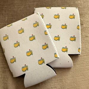 Masters Logo Can Coolers - White with Yellow & Green Motif -set of 2